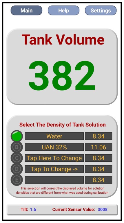 Fill Sight main display showing tank volume and density selection running on a tablet